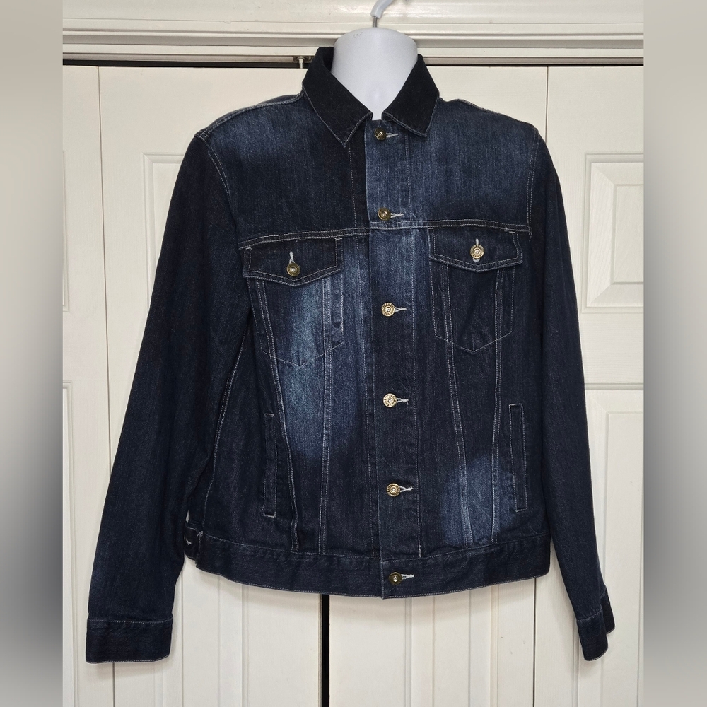 DAVID.ANN Dark Wash Denim Jacket | Distressed Faded Jean Jacket Size Medium